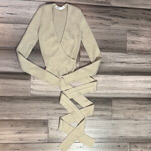 Zara Light Beige Ribbed Wrap V-Neck Sweater with Long Tie